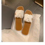 KAMAMES In Stock  Summer New High-Grade Knitted Belt Genuine Leather One-Strap Flat Sandals Classic Style All-Matching Slippers