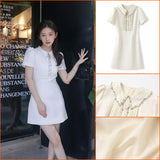 Qianjin Wind Bubble Sleeve Dress Women's  New Summer Short Sleeve Heavy Industry Bead Waist A-word Skirt M6073