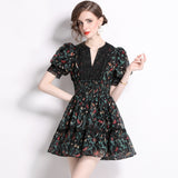 Small Women's popular Summer  Retro Printed Dress V-Neck Lace Waist Skinny Tea Break Dress