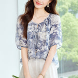 Cotton cocoon, ramie shirt, fresh and fashionable printed shirt