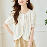 Cotton cocoon apricot embroidered shirt women's short sleeves  summer new small crew neck top pure cotton embroidered shirt