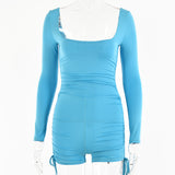 2025 autumn new square neck jumpsuit women's sexy tight sports long-sleeved drawstring tethered jumpsuit shorts