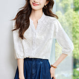 Cotton cocoon V-neck embroidered hollow seven-quarter sleeve shirt women's spring and summer  new pure cotton temperament simple top shirt