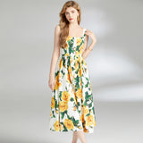Suspender dress popular summer vacation poplin cotton yellow rose print big pendulum tube top princess fairy mid-length dress