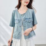 Cotton cocoon, lace splicing washed old denim short-sleeved shirt women