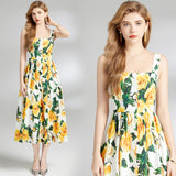 Suspender dress popular summer vacation poplin cotton yellow rose print big pendulum tube top princess fairy mid-length dress