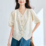 Cotton cocoon  summer new temperament v-neck lace embroidered short-sleeved shirt women's  bubble-sleeved short top