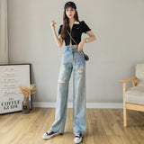 kamames Cross-Border Foreign Trade Ripped Jeans for Women Wide Leg Straight Wide Loose Summer Thin New Retro Draping Irregular Mop