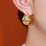 double-sided coffee-colored water drop ear buckle light luxury sweet burgundy hollow basket earrings champagne full diamond earrings