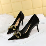 2025 7239-A1  fashion banquet women's shoes thin heel high heel shallow mouth pointed head large metal buckle single shoes high heels