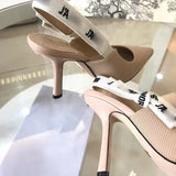 kamames D High Version Women's Chic Strap Sandals Summer Stiletto Heel Pointed Toe Kitten Heel Closed Toe Back Open Shoes Striped High Heels