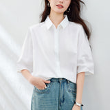 Cotton cocoon, pure cotton white shirt women's short-sleeved  niche design top, loose age-reducing high-end Korean version clothes