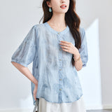 Cotton cocoon, summer new literary ramie retro embroidered shirt loose splicing printing thin shirt shirt