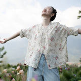 popular elegant, printed shirt ramie niche retro literary floral top women's summer new tea clothes A0511