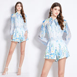 2025 suit women's sweet bow tie lantern long sleeve waist printed chiffon shirt + shorts two-piece set