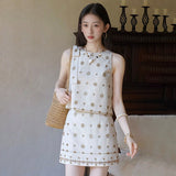 Thousand gold wind suit women's  summer new  beaded sleeveless vest design high waist skirt N4050