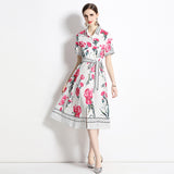 High sense light luxury temperament short sleeve lapel waist a word positioning printed shirt dress elegant dress long dress
