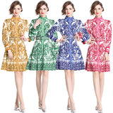 Court style dress women's popular new spring temperament stand-up collar breasted slim-fitting long niche printed dress skirt