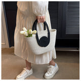 KAMAMES New Woven Bag Simple Back Shape Straw Handbag Crossbody Vacation Cotton String Commuting Women's Tote Bag