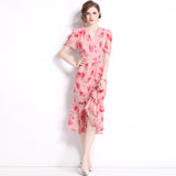 Temperament socialite printed short-sleeved dress women's popular summer new waist pleated ruffle edge medium and long dress