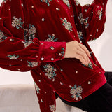Guofeng Winter  New Flower Embroidery Bead Design Shirt Fashion Crew Neck Mulberry Silk Top MZ005