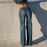 2025 Street style hottie low waist design butterfly hot diamond jeans women retro old straight jeans women New