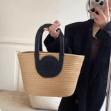 KAMAMES New Woven Bag Simple Back Shape Straw Handbag Crossbody Vacation Cotton String Commuting Women's Tote Bag