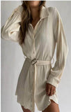 New Spring and Summer New Popular European and American Fashion Pleated Long Sleeve Shirt Style Belt Dress New0124