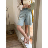 kamames Gagd Simple Casual Style Ripped Denim Middle Pants Women's Summer New High Waist Loose Wide Legs Straight Shorts