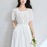 Cotton cocoon, white sweet short-sleeved dress women's summer new  design feeling pleated lace-up waist skirt