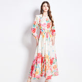popular early spring new court style stand-up collar flower dress single-breasted design long dress