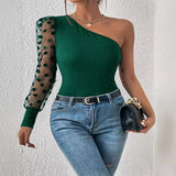 New women's clothing popular new slanted shoulder single-sleeved polka dot mesh stitching long-sleeved waist and thin women's top T