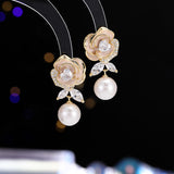 2025 drop glaze camellia pearl zircon earrings s925 silver needle small fragrance elegant fashion temperament sweet stud earrings