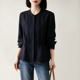 2025 Mulberry silk twill satin high-end material, waist white shirt, spring and summer women's stand-up collar top commuter shirt