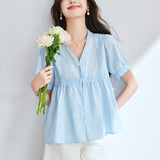 Cotton cocoon,  V-neck bubble sleeve short-sleeved shirt women's summer gentle wind sweet doll shirt chic skirt top