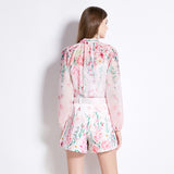 Hot trade sweet bow lace-up lantern long-sleeved waist printed chiffon shirt + shorts two-piece suit for women