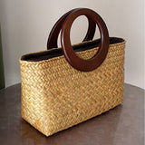 KAMAMES Hot Sale Straw Bag Woven Handbag Artistic National Style Travel Beach Bag Wooden Handle Rattan Weave Bag Foreign Trade Wholesale