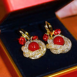 Retro national style red pearl rose ear buckle temperament festive red diamond drunk beauty earrings sweet new year earrings