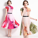 Pleated  summer new fashion corn kernels top + temperament pleated skirt two-piece set