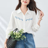 Cotton cocoon, embroidered cotton shirt women's long sleeves spring and autumn  new work workplace OL style casual shirt
