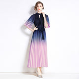 popular summer new pleated celebrity short-sleeved stand-up collar waist a word gradual change color dress elegant dress long dress