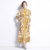 Light luxury temperament stand-up collar horn sleeve waist celadon printed a-word dress elegant dress long dress
