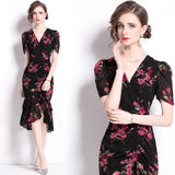 Temperament socialite printed short-sleeved dress women's popular summer new waist pleated ruffle edge medium and long dress