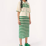 2025knitted fashion two-piece suit for women, striped lapel hollow short-sleeved top and skirt new suit for women