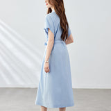 Cotton cocoon, blue dress women's medium and long  summer new short-sleeved shirt skirt lace-up waist skirt