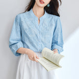 Cotton cocoon V-neck embroidered hollow seven-quarter sleeve shirt women's spring and summer  new pure cotton temperament simple top shirt