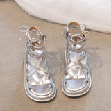 KAMAMES Children's Roman Sandals Girls' Summer  New Princess Shoes Soft Bottom Middle and Big Children's High-Top Silver Fashion British