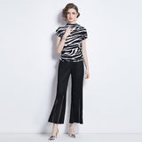 Suit Women's popular Summer T-Shirt Temperament Versatile Zebra Pattern Color Matching Short Sleeve Simple Versatile Skinny Flared Pants