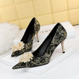 2025 628-2  sexy banquet high heels stiletto high heel shallow mouth pointed pearl flower rhinestone women's shoes single shoes