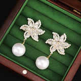 2025 high-end flower earrings super flash zircon windmill pearl earrings silver needle versatile creative bride earrings women